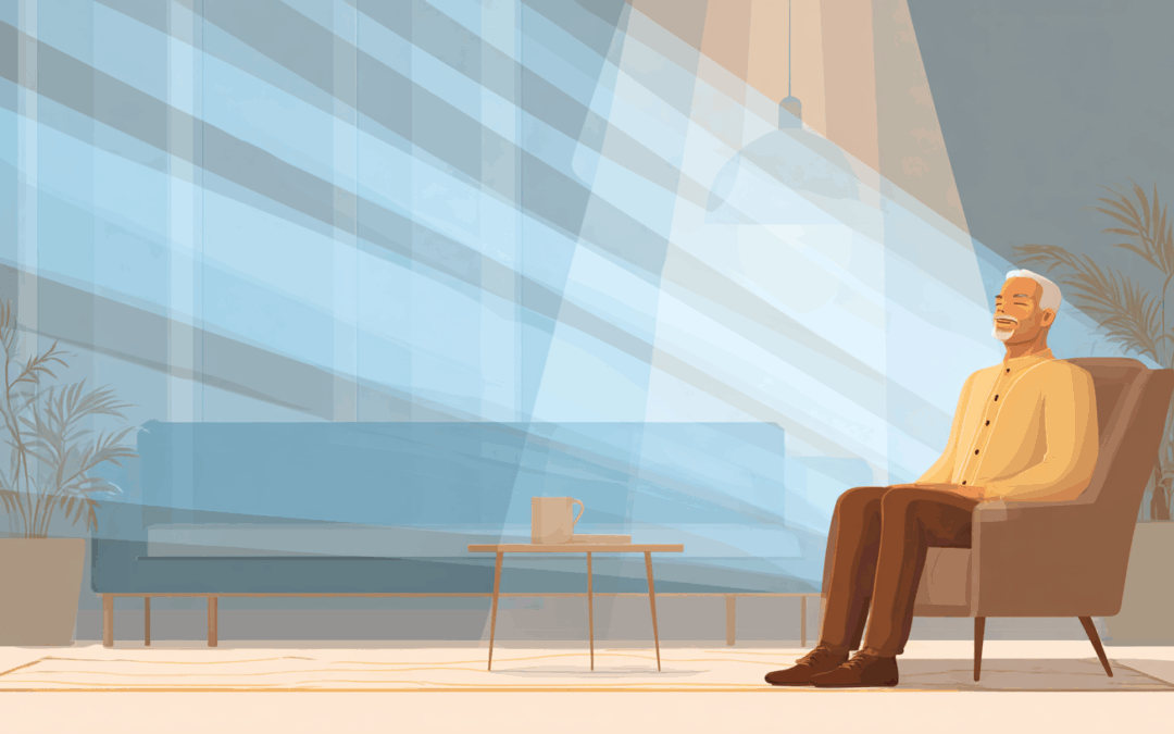 Illustration d’une personne assise dans un fauteuil face à une grande baie vitrée, méditant.