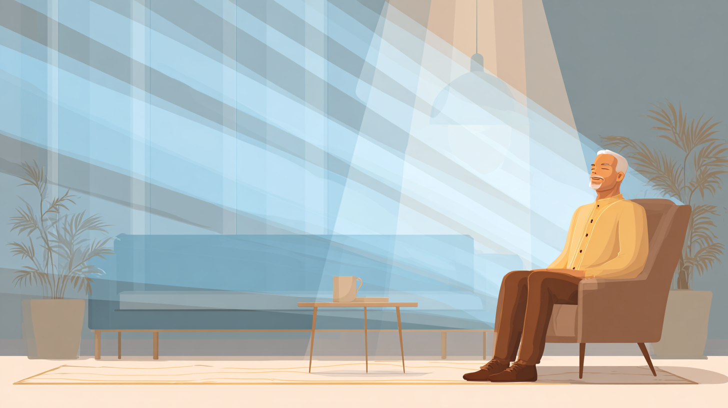 Illustration d’une personne assise dans un fauteuil face à une grande baie vitrée, méditant.