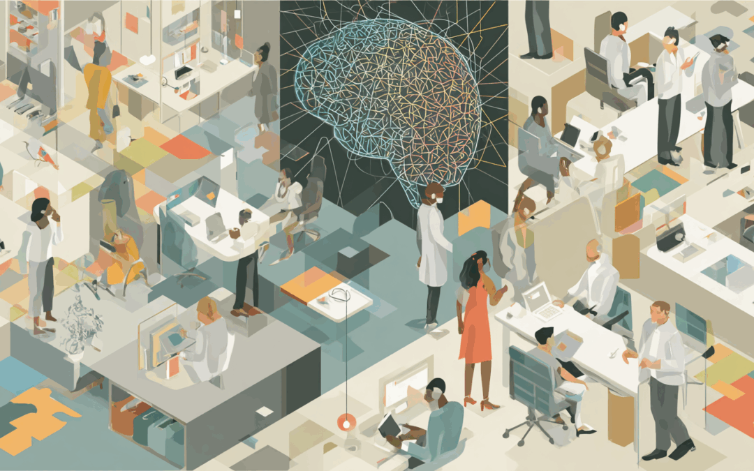 Illustration représentant une vue d’ensemble d’un bureau avec plusieurs équipes au travail et un cerveau stylisé au centre.