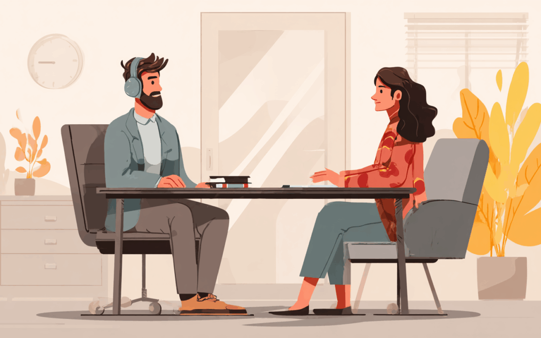 Illustration d’un homme et d’une femme assis face à face à un bureau, en pleine discussion professionnelle.
