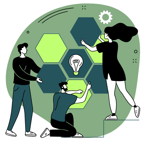 Illustration de personnes collaborant autour d’éléments géométriques et d’une ampoule, symbolisant la créativité et l’innovation des profils neuroatypiques.