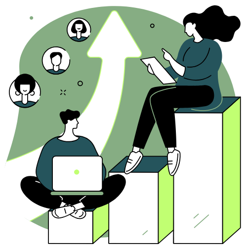 Illustration représentant deux personnes travaillant sur ordinateur et analysant des données, symbolisant la prévention des risques et le management humain en entreprise.