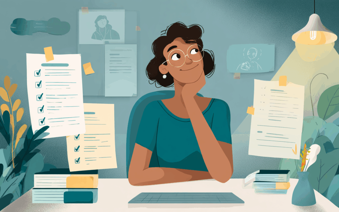 Illustration d’une femme assise à un bureau avec de nombreux papiers et formulaires.