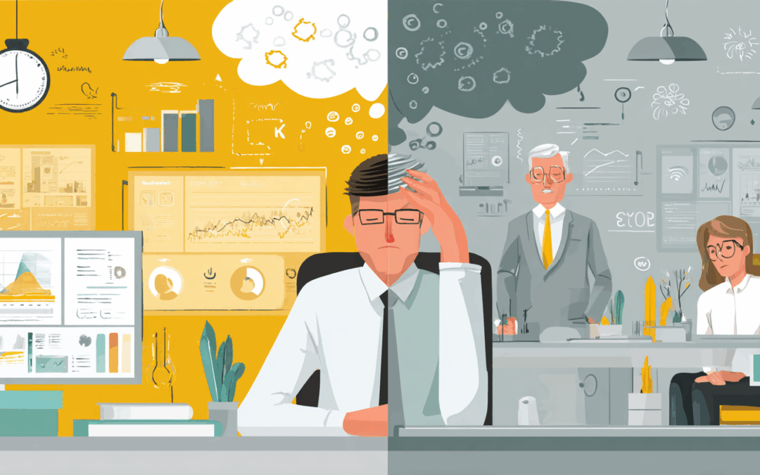 Illustration d’un homme en chemise assis à son bureau, entouré de dossiers, semblant stressé.