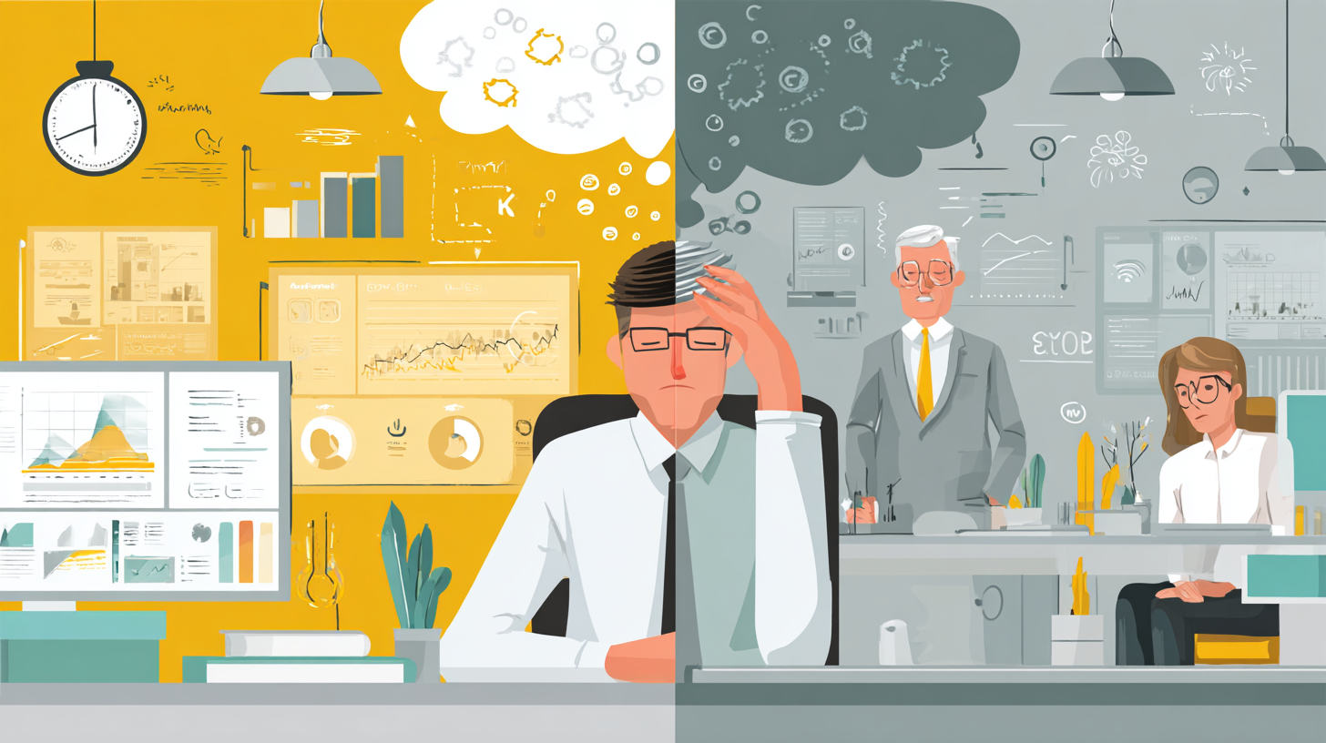 Illustration d’un homme en chemise assis à son bureau, entouré de dossiers, semblant stressé.