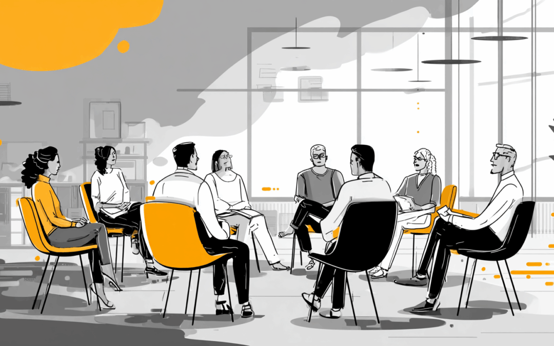 Illustration d’un groupe de personnes assises en cercle dans une salle, discutant dans une ambiance collaborative.