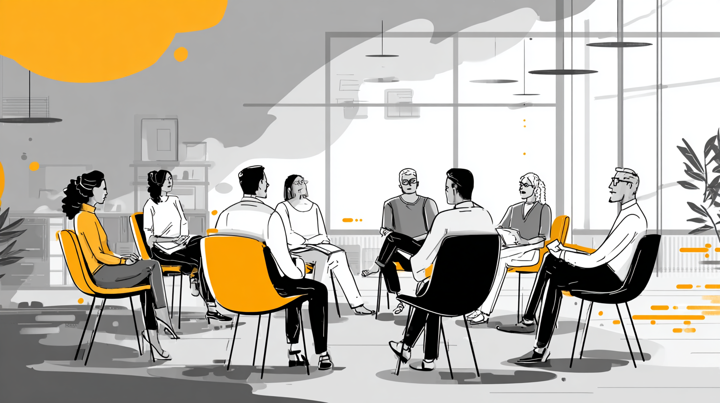 Illustration d’un groupe de personnes assises en cercle dans une salle, discutant dans une ambiance collaborative.