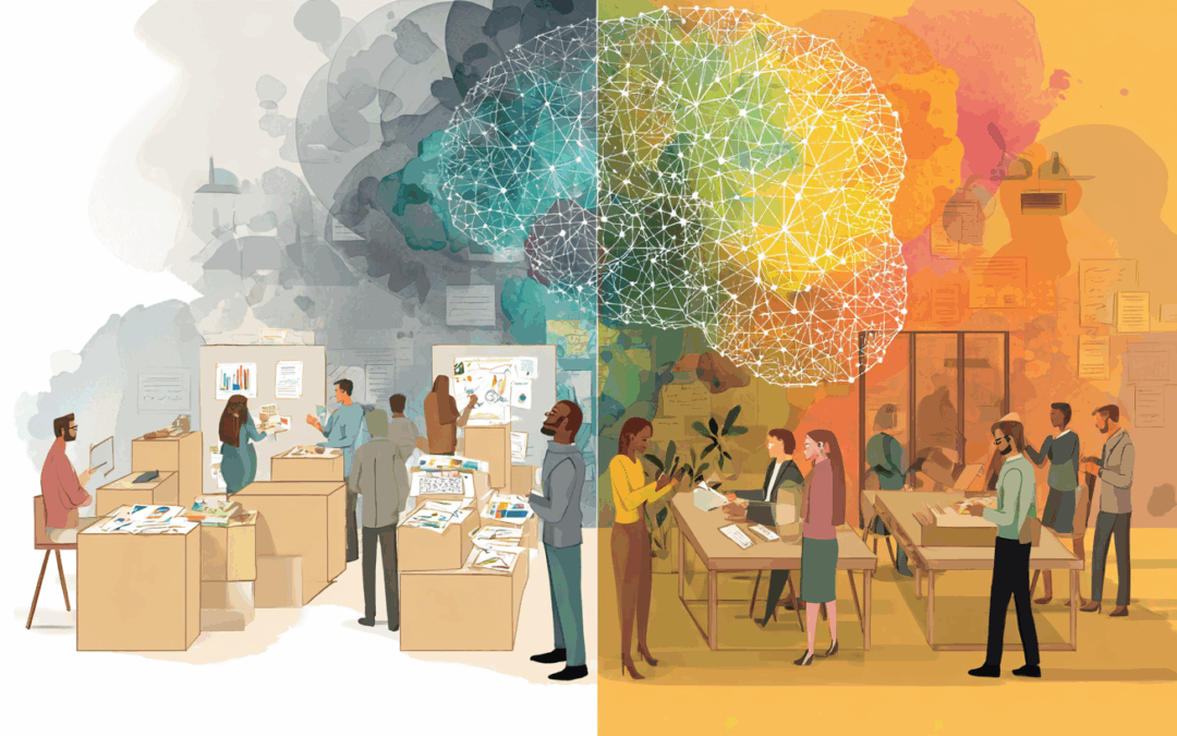 Illustration représentant un cerveau coloré reliant deux scènes : un groupe en réunion et une personne en pleine réflexion.