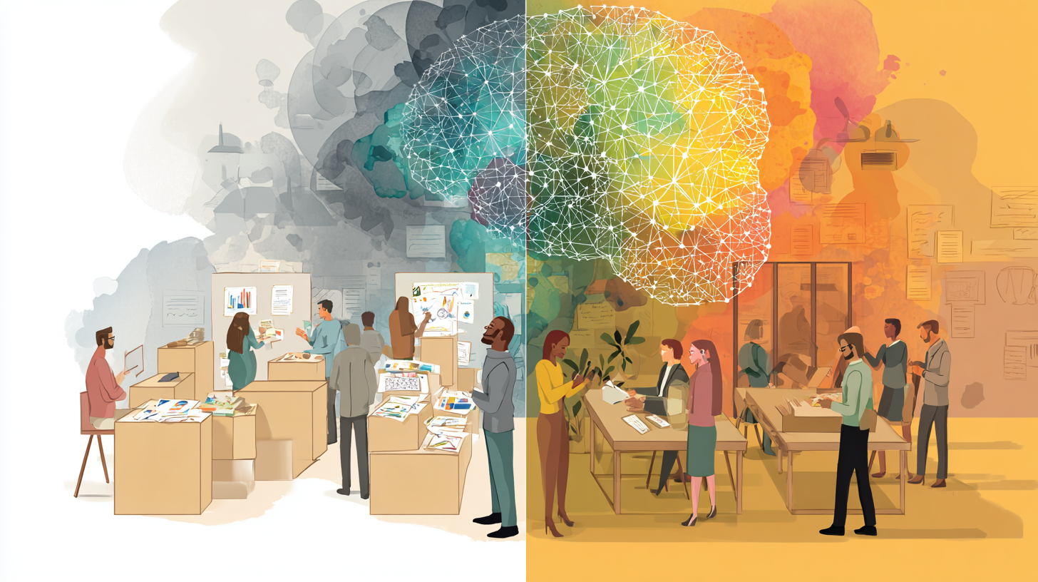 Illustration représentant un cerveau coloré reliant deux scènes : un groupe en réunion et une personne en pleine réflexion.